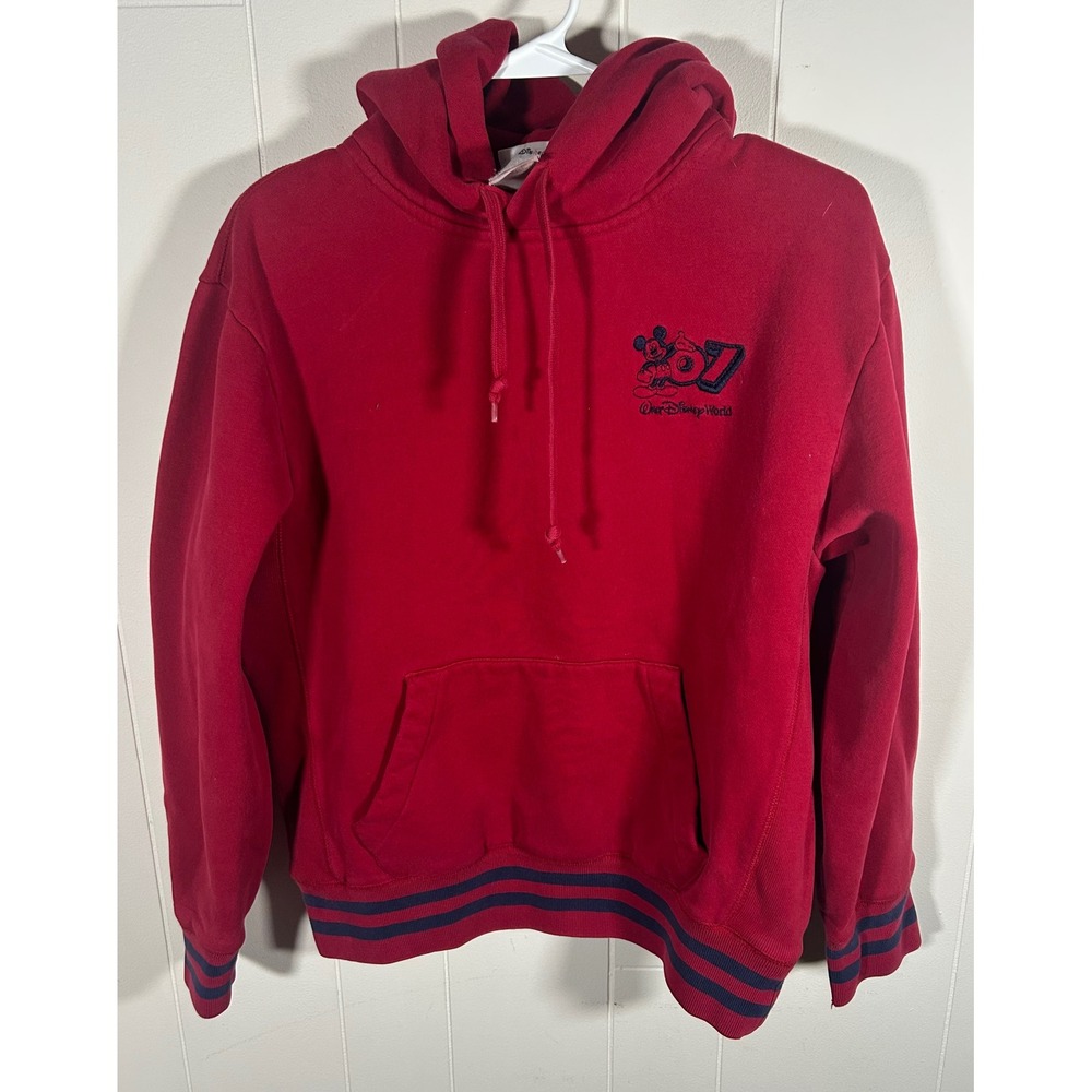 Disney World Mickey Mouse 2007 Red Pullover Hoodie Navy Striped Trim Small